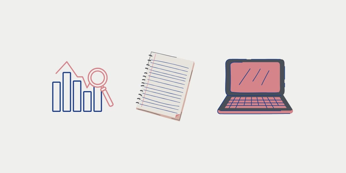 STEM data science notetaking symbols: graph / chart / illustration / figure (left), notebook (middle), computer (right)
